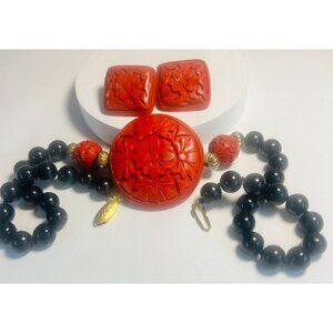 Vtg Red Cinnabar Pendant Earrings Black Onyx Bead Necklace Jewelry Silver READ